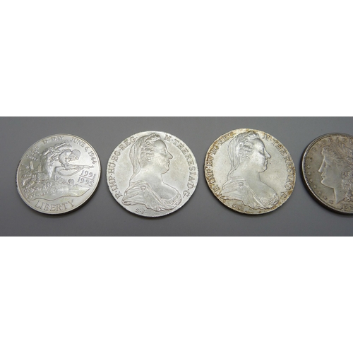 1098 - Five coins; two Marie Theresia Thaler, 1921 US Morgan Dollar, 1974 Eisenhower Dollar and a 1995 silv... 