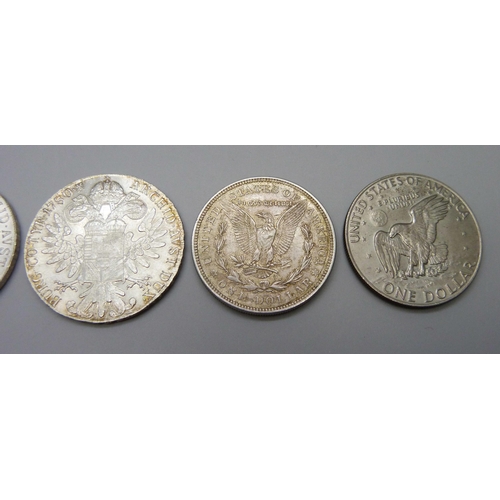 1098 - Five coins; two Marie Theresia Thaler, 1921 US Morgan Dollar, 1974 Eisenhower Dollar and a 1995 silv... 