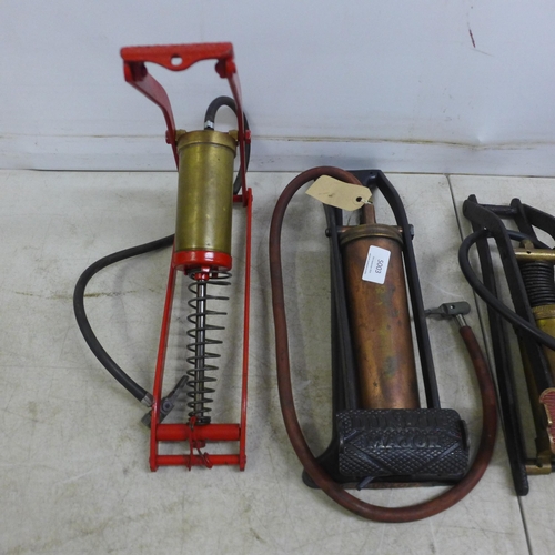 5003 - 4 vintage brass cylinder foot pumps including Romac Standard, Dunlop Major, PCL Royal and Prima