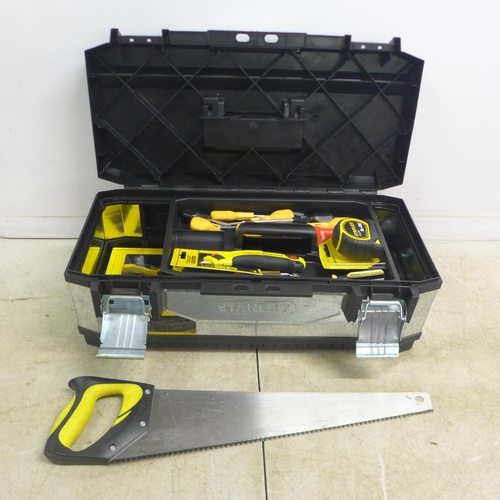 5019 - A metal reinforced Stanley box including a 8 metre Stanley tape measure, a Fatmax Stanley knife, 2 S... 