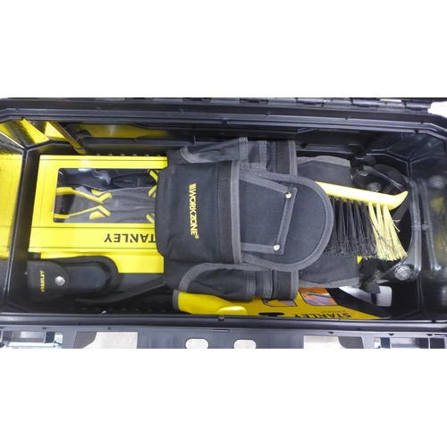 5019 - A metal reinforced Stanley box including a 8 metre Stanley tape measure, a Fatmax Stanley knife, 2 S... 