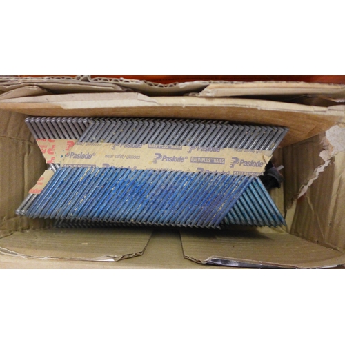 5020 - 3 boxes of Paslode equipment including 90mm smooth Roundrive nails, 2 IM350 impulse tool fuel cells,... 