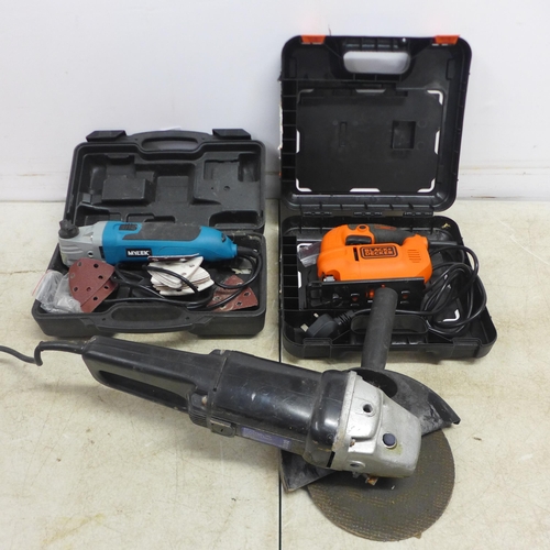 5039 - 3 power tools, a NuPower MNPG230 angle grinder, a Black and Decker KFBE5410 410w corded jigsaw and a... 