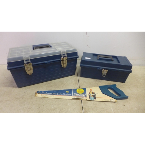 5040 - A toolbox with screwdrivers, hammer, safety knife, plunger, tape, etc. and one other empty toolbox