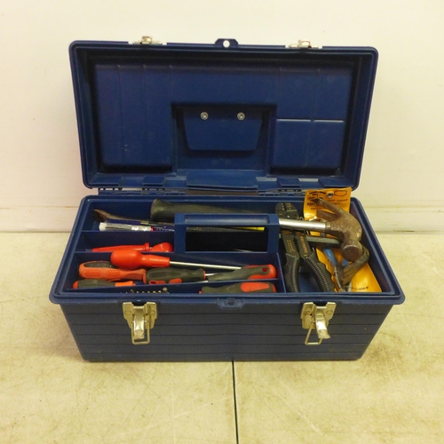 5040 - A toolbox with screwdrivers, hammer, safety knife, plunger, tape, etc. and one other empty toolbox