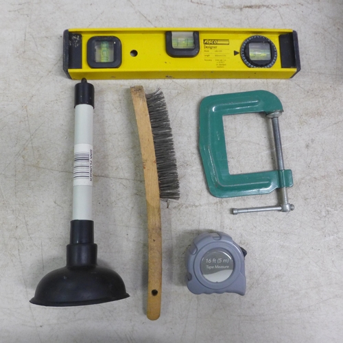 5040 - A toolbox with screwdrivers, hammer, safety knife, plunger, tape, etc. and one other empty toolbox