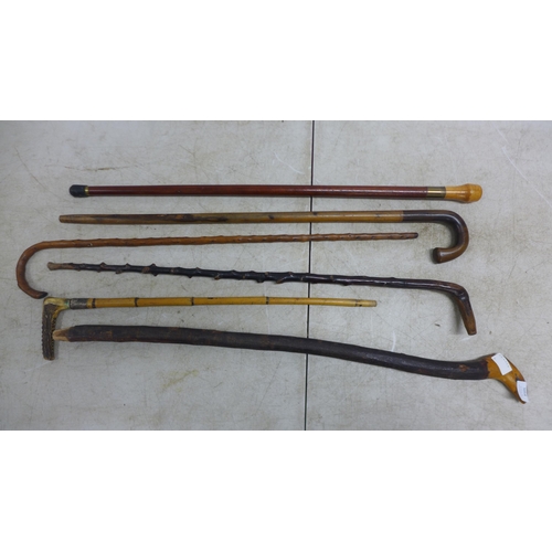 5054 - Six assorted wooden walking sticks including walking stick with silver collar and horn handle etc.