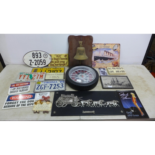 5062 - A large quantity of assorted plaques and signs including number plates, Marilyn Monroe, a stainless ... 