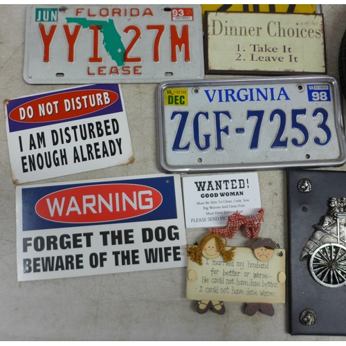 5062 - A large quantity of assorted plaques and signs including number plates, Marilyn Monroe, a stainless ... 