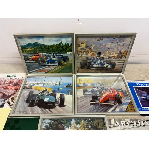 5068 - 5 framed Michael Turner Grand Prix prints featuring Michael Schumacher, Damon Hill, Jackie Stewart, ... 