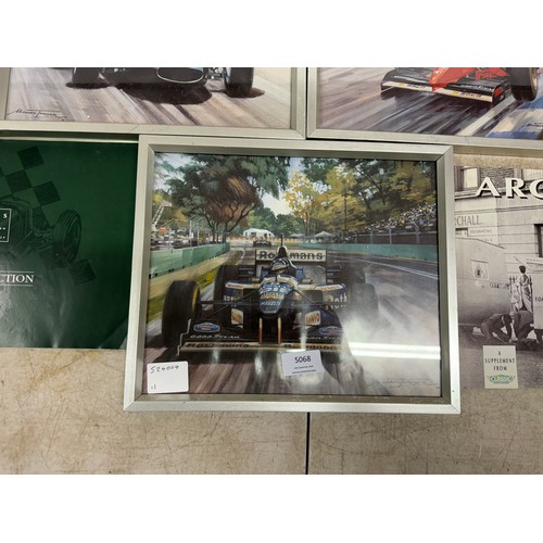 5068 - 5 framed Michael Turner Grand Prix prints featuring Michael Schumacher, Damon Hill, Jackie Stewart, ... 