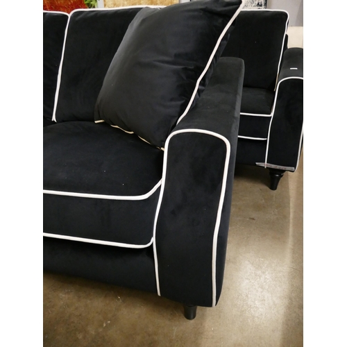 3001 - A black velvet with white piping three seater and two seater sofa