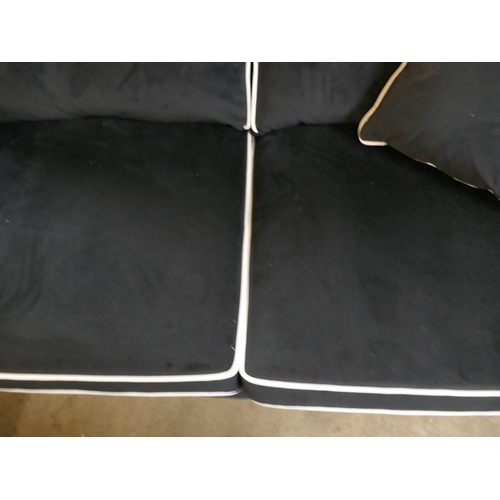 3001 - A black velvet with white piping three seater and two seater sofa