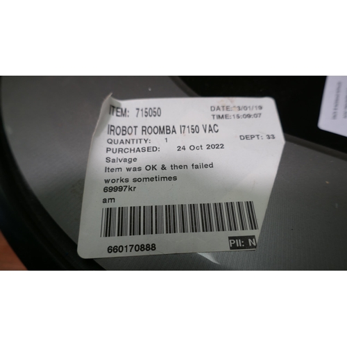 6128 - Irobot Roomba I7150 Vacuum Cleaner (Incomplete)   - This lot requires a UK adapter (334-559) *This l... 