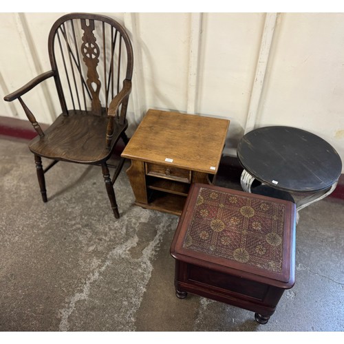 164 - An oak lamp table, commode, occasional table and a wheelback armchair