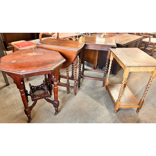 213 - An oak barleytwist gateleg table, two oak barley-twist occasional tables and an Edward VII octagonal... 