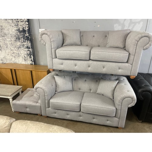 3051 - A grey weave Chesterfield 2.5 seater sofa, two seater sofa and footstool RRP £2558