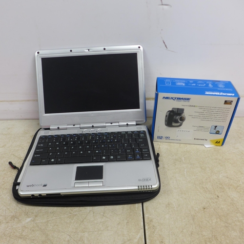 5085 - An Elonex model LNXWB10LSFL Web book laptop with case and a Nextbase 112 Go 720P high definition das... 