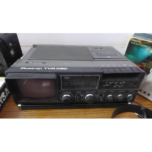 5101 - A quantity of film and projection equipment including a vintage Plustron TVRC5C portable CRT TV and ... 