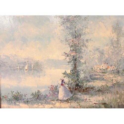 290 - * Dubois, landscape with a lady by a lake, oil on canvas, framed