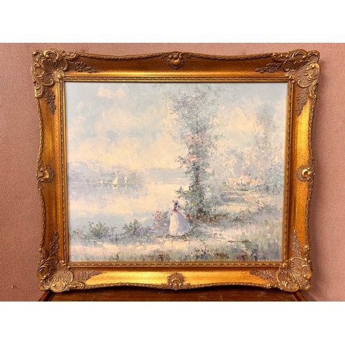 290 - * Dubois, landscape with a lady by a lake, oil on canvas, framed