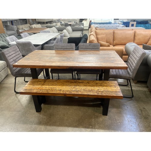 3168 - Haryana hardwood and steel dining table, four chairs and bench *This lot is subject to VAT