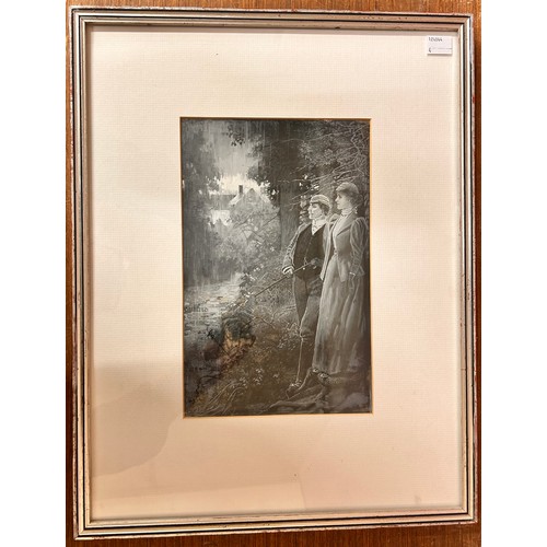 296 - Lucien Davis, portrait of a man and woman by a river, oil on card, framed