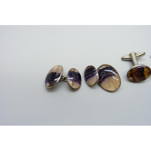 1003 - Two pairs of Blue John set cufflinks, one pair marked sterling silver