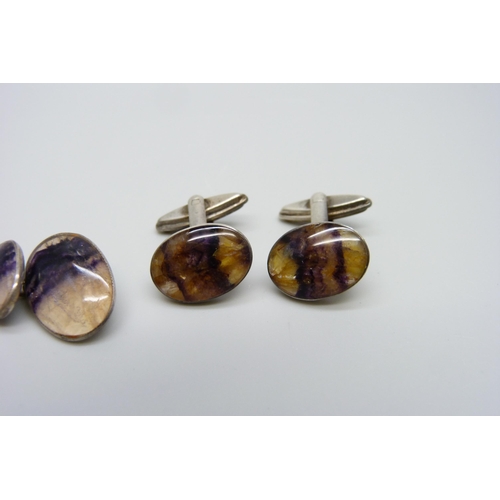 1003 - Two pairs of Blue John set cufflinks, one pair marked sterling silver