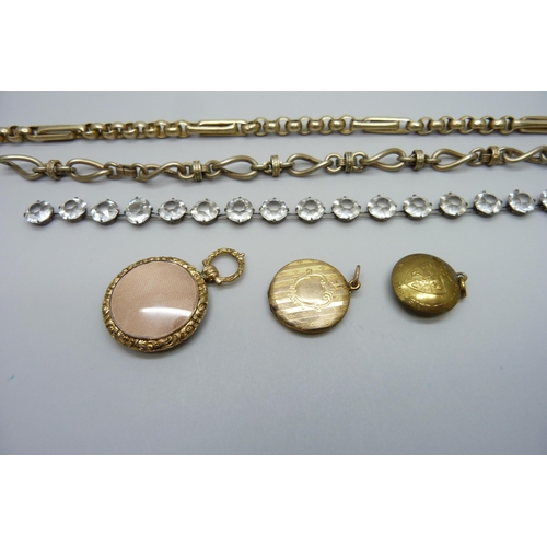 1008 - A stone set bracelet, two chains, a locket, a picture pendant and a novelty pendant