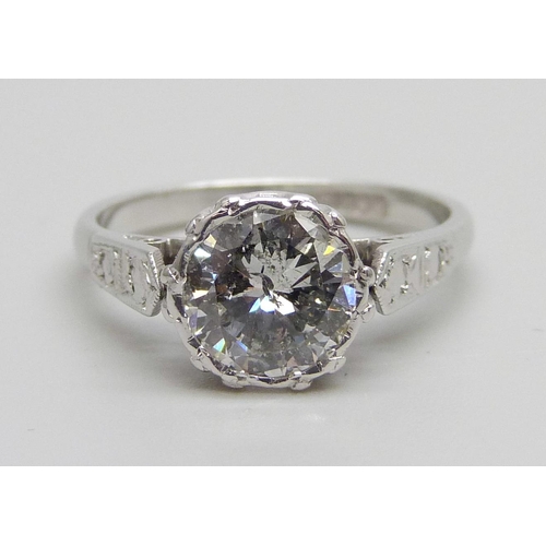 1011 - A platinum set diamond solitaire ring, approximately 1.3ct weight, 3.7g, L