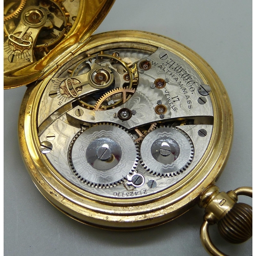 1020 - An 18ct gold Waltham pocket watch in a Dennison case, monogram to the case, inner case bears inscrip... 