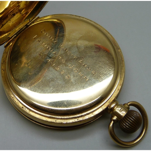 1020 - An 18ct gold Waltham pocket watch in a Dennison case, monogram to the case, inner case bears inscrip... 