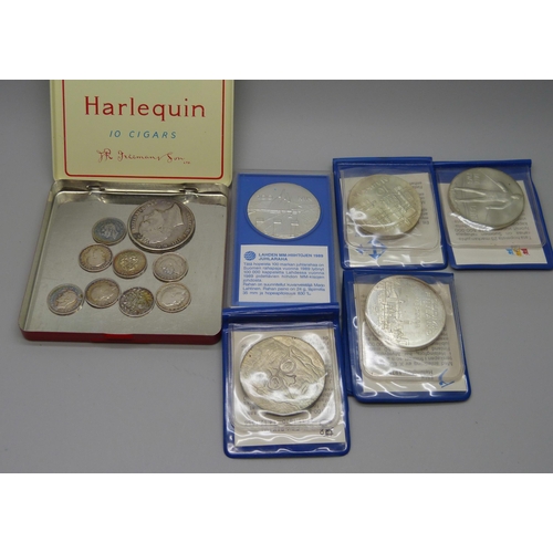 1021 - Five Finnish silver coins including skiing championships and a collection of British silver coins, 1... 