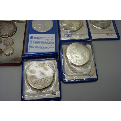 1021 - Five Finnish silver coins including skiing championships and a collection of British silver coins, 1... 