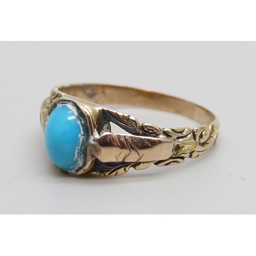 1040 - A vintage yellow metal and turquoise set ring, 1.3g, H