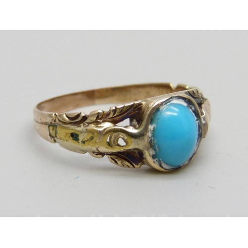 1040 - A vintage yellow metal and turquoise set ring, 1.3g, H