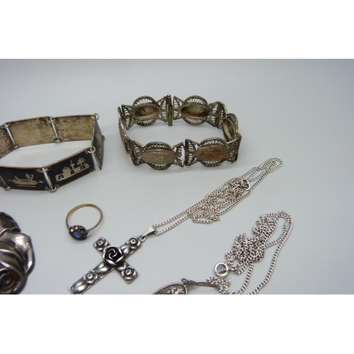 1072 - A collection of silver and white metal jewellery including a large pendant marked 800