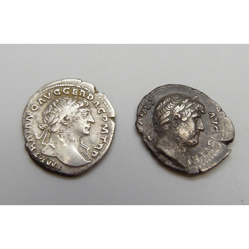 1082 - Coins; two Roman silver Denarius, Trajan 98-117 AD IMP TRAIANO AVG GER DAC PMTRP laureate bust Rev-V... 