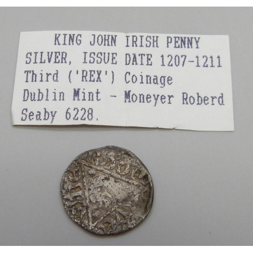 1086 - A King John Irish silver penny, 1207-1211, Third ('Rex') coinage, Dublin mint-Moneyer Roberd