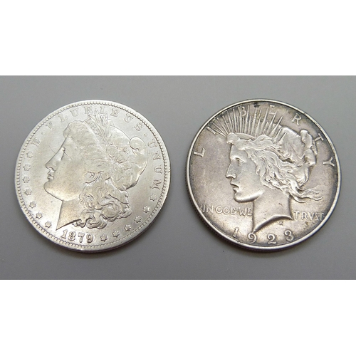 1087 - An 1879 USA Morgan One Dollar and a 1923 Peace Dollar