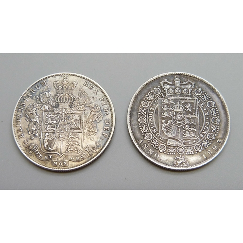 1089 - A George IV 1823 half-crown, laureate head rev crowned shield in garter, and a George IV 1828 half-c... 