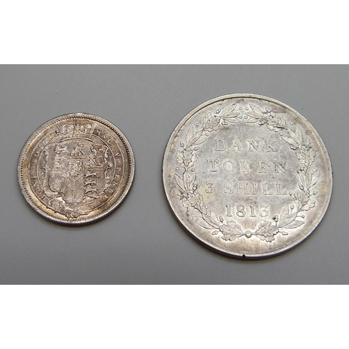 1091 - A George III 1816 shilling, very high grade and a George III 1813 three shilling bank token, VF