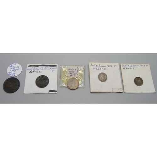 1092 - Indian coins, 1897 silver ¼ rupee, 1884 silver 2 annais, 1904 silver 2 annais, 1803 East India Compa... 