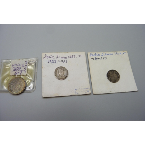 1092 - Indian coins, 1897 silver ¼ rupee, 1884 silver 2 annais, 1904 silver 2 annais, 1803 East India Compa... 