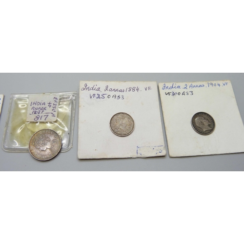 1092 - Indian coins, 1897 silver ¼ rupee, 1884 silver 2 annais, 1904 silver 2 annais, 1803 East India Compa... 