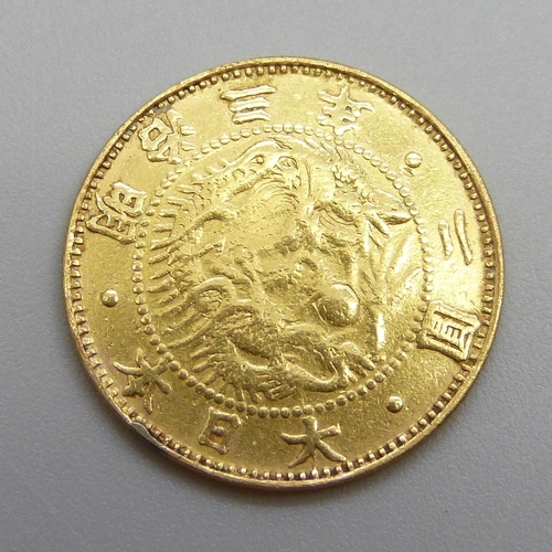 1093 - A Japanese 2 yen gold coin, 1870, Meiji 3rd year, 90% purity, 3.3g