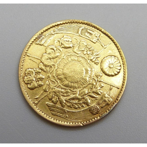 1093 - A Japanese 2 yen gold coin, 1870, Meiji 3rd year, 90% purity, 3.3g