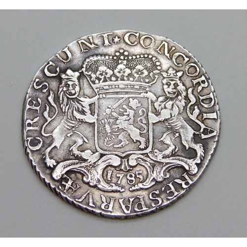 1094 - A coin; a Netherlands Gelderland 1785 half ducaton, knight upon horse above crowned shield of Gelder... 