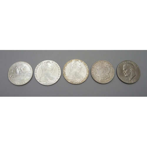 1098 - Five coins; two Marie Theresia Thaler, 1921 US Morgan Dollar, 1974 Eisenhower Dollar and a 1995 silv... 